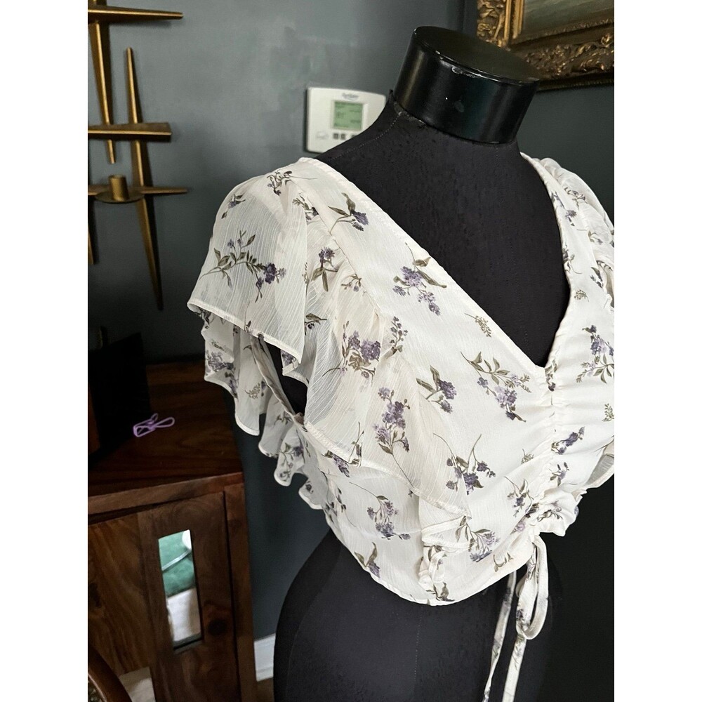Iris Fairycore Cottage Core Sheer Floral Cropped Blouse Crop Top Shirt sz M